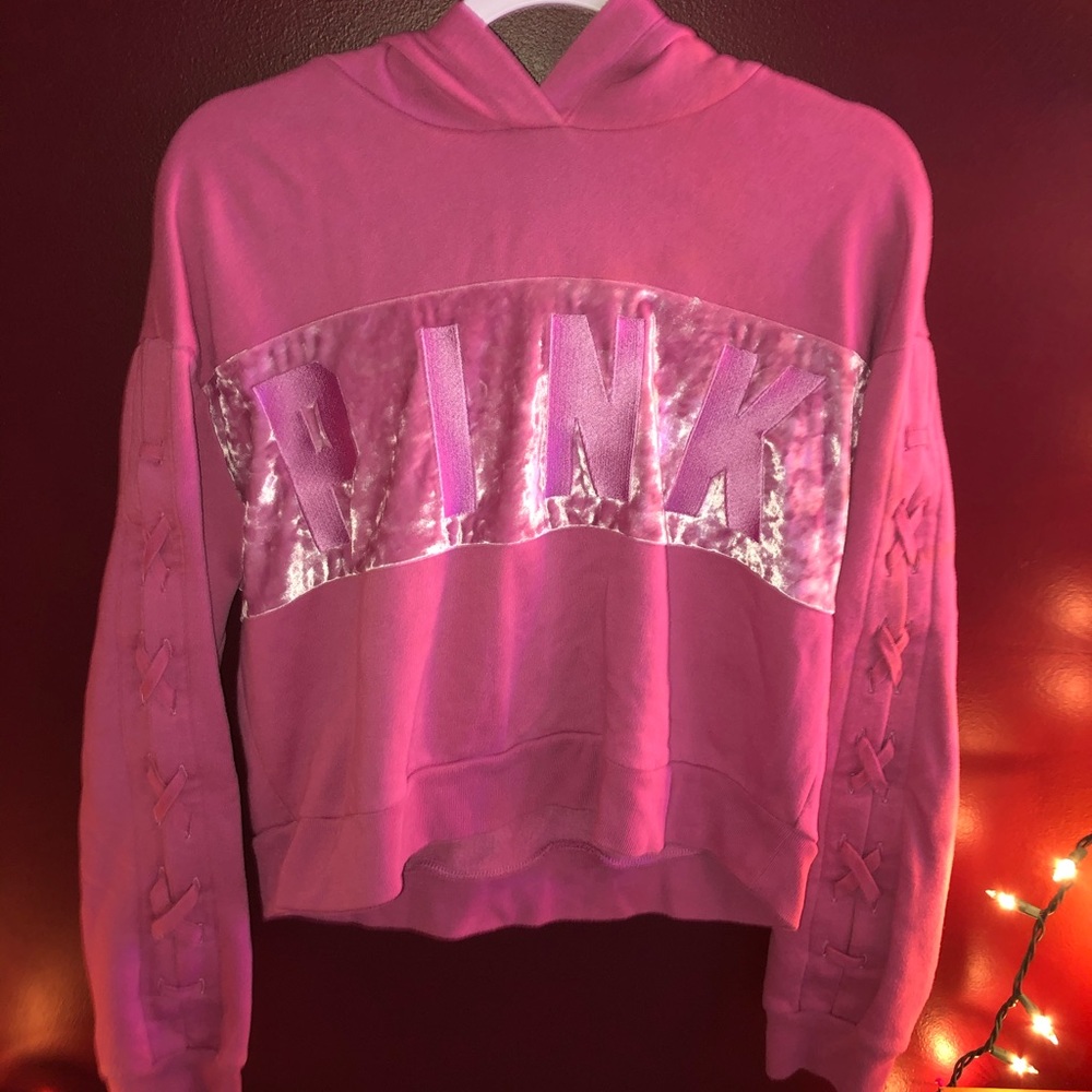 PINK Velvet Accent Stitch Sleeve Hoodie
